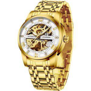 Mens Watch Skeleton Luxury Mechanical Stainless Steel Waterproof Black Automatic